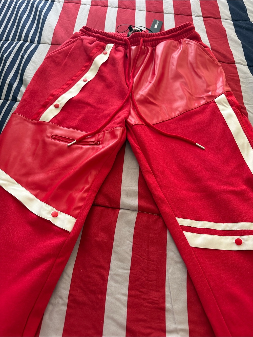 Fashion Nova Red & White Mixed-Media Jogger Pants